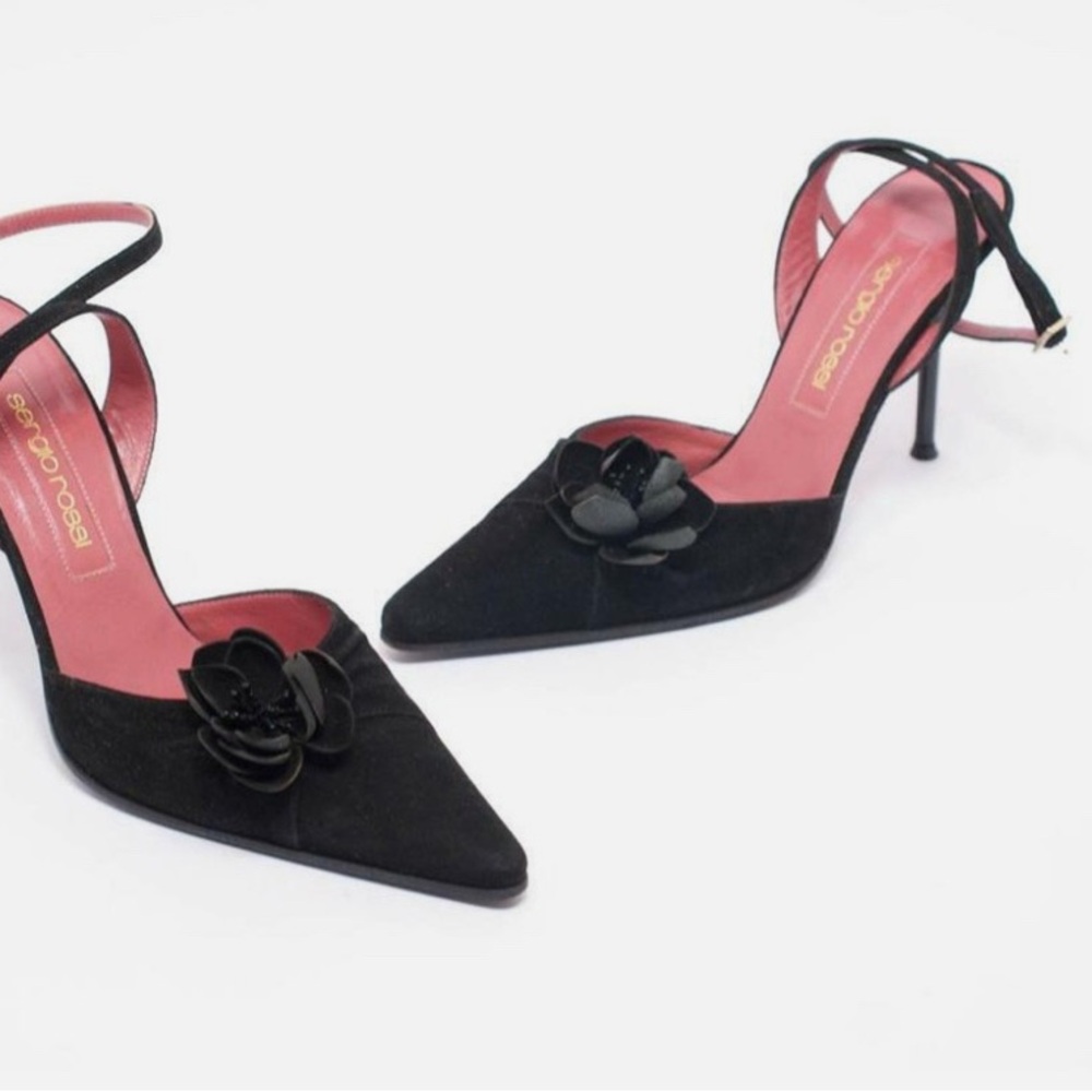 SERGIO ROSSI Black 100% Suede Flowered Ankle Strap 4" Stiletto Heels Sz EU 39 - Picture 14 of 16